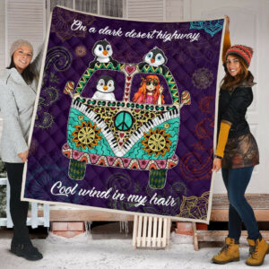 Penguin Hippie Van And Hippie Girl Cool Wind In My Hair Quilt Blanket Great Customized Blanket, 50 x 60 Inch, Quilt Bed Set