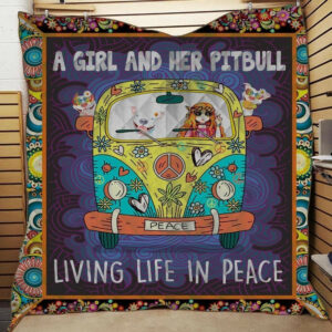 Pitbull Dog And Hippie Van Hippie Girl Quilt Blanket Great Customized Blanket Anniversary, 50 x 60 Inch, Quilt Bed Set