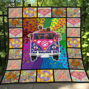 Dachshund Hippie Style Colorful Hippie Van Quilt Blanket Great Customized Blanket, 50 x 60 Inch, Quilt Bed Set