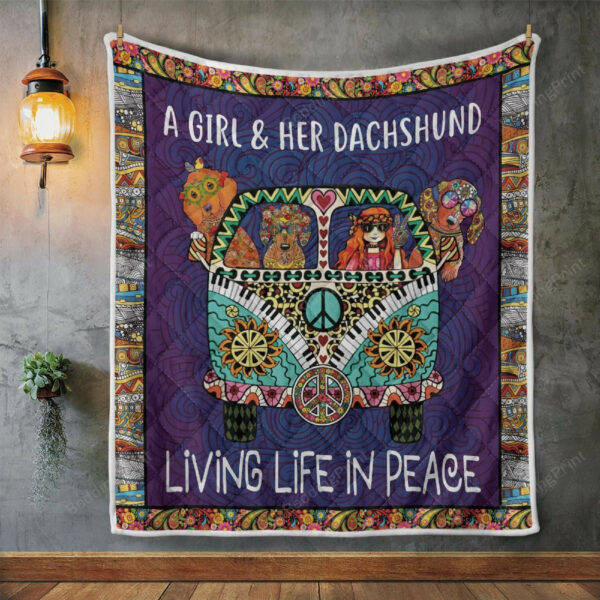 Dachshund Dog And Hippie Van Hippie Girl A Girl And Her Dachshund Living Life In Peace Quilt Blanket Great Customized Blanket, 50 X 60 Inch, Quilt Bed Set