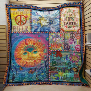 Peace Pattern Drawing Colorful Old Hippie Rule, Face Of The Sun Quilt Blanket Great Customized Blanket, 50 x 60 Inch, Quilt Bed Set