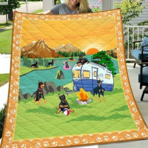 Doberman Go Camping Quilt Blanket  Size Single, Twin, Full, Queen, King, Super King