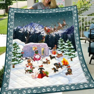 Dachshund Going Camping At Christmas Quilt Blanket  Size Single, Twin, Full, Queen, King, Super King