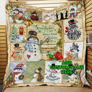 Personalized Snowflakes Are Kisses from Heaven , Snowman Quilt Blanket  Size Single, Twin, Full, Queen, King, Super King