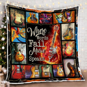 Electric Guitar Where Words Fail Music Speaks Quilt Blanket  Size Single, Twin, Full, Queen, King, Super King