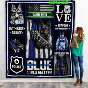 Personalized Thin Blue Line  Police Dog Quilt Blanket  Size Single, Twin, Full, Queen, King, Super King