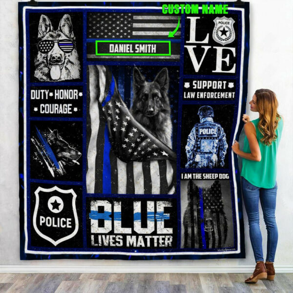 Personalized Thin Blue Line  Police Dog Quilt Blanket  Size Single, Twin, Full, Queen, King, Super King