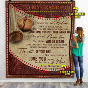 Personalized Grandma To Grandson Baseball Quilt Blanket  Size Single, Twin, Full, Queen, King, Super King