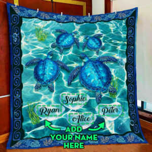 Personalized Turtle Custom Four Names Quilt Blanket  Size Single, Twin, Full, Queen, King, Super King