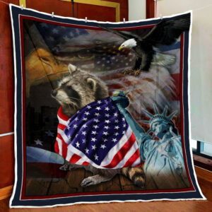 Raccoon American Patriot Quilt Blanket  Size Single, Twin, Full, Queen, King, Super King