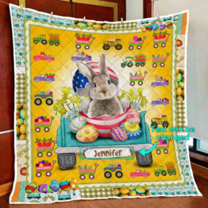 Personalized Cute Easter Bunny In The Truck Quilt Blanket  Size Single, Twin, Full, Queen, King, Super King