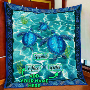 Personalized Turtle Custom Three Names Quilt Blanket  Size Single, Twin, Full, Queen, King, Super King