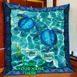 Personalized Turtle Custom Two Names Quilt Blanket  Size Single, Twin, Full, Queen, King, Super King