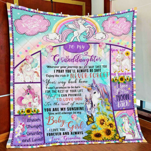 To My Granddaughter. Sunflower Unicorn Quilt Blanket  Size Single, Twin, Full, Queen, King, Super King
