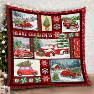 Red Pickup Trucks Christmas Quilt Blanket  Size Single, Twin, Full, Queen, King, Super King