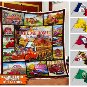 Personalized Red Truck With U.S. States. Country Roads Take Me Home Quilt Blanket THH3302QCT Size Single, Twin, Full, Queen, King, Super King
