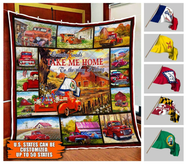 Personalized Red Truck With U.s. States. Country Roads Take Me Home Quilt Blanket Thh3302Qct Size Single, Twin, Full, Queen, King, Super King
