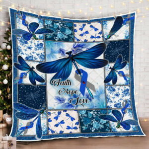 Diabetes Faith Hope Love Dragonfly Quilt Blanket  Size Single, Twin, Full, Queen, King, Super King