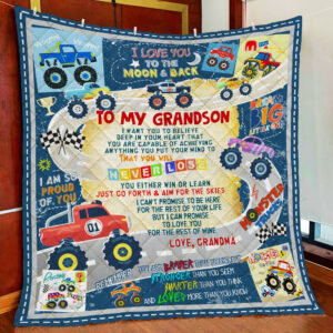To My Grandson. Monster Truck Quilt Blanket  Size Single, Twin, Full, Queen, King, Super King