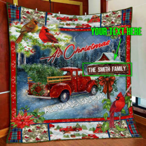 Personalized Christmas Red Truck Custom Name Quilt Blanket  Size Single, Twin, Full, Queen, King, Super King