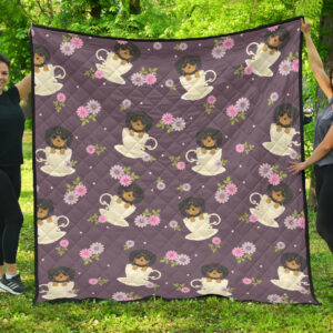Dachshund in Coffee Cup Flower Pattern Premium Quilt Quilt Blanket Size Single, Twin, Full, Queen, King, Super King