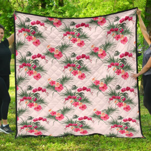 Red Pink Orchid Hibiscus Pattern Premium Quilt Quilt Blanket Size Single, Twin, Full, Queen, King, Super King