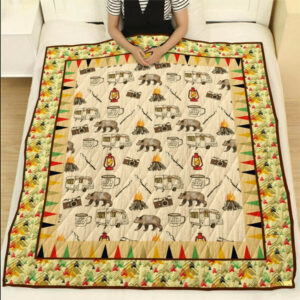 Bear Campfire Pattern Camping Quilt Blanket Size Single, Twin, Full, Queen, King, Super King