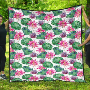 Pink Lotus Waterlily Pattern Premium Quilt Quilt Blanket Size Single, Twin, Full, Queen, King, Super King