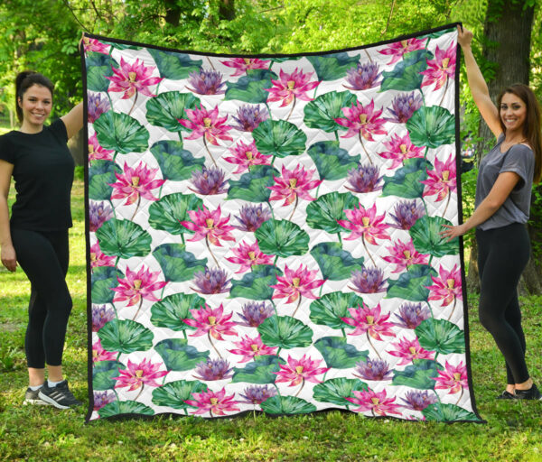 Pink Lotus Waterlily Pattern Premium Quilt Quilt Blanket Size Single, Twin, Full, Queen, King, Super King